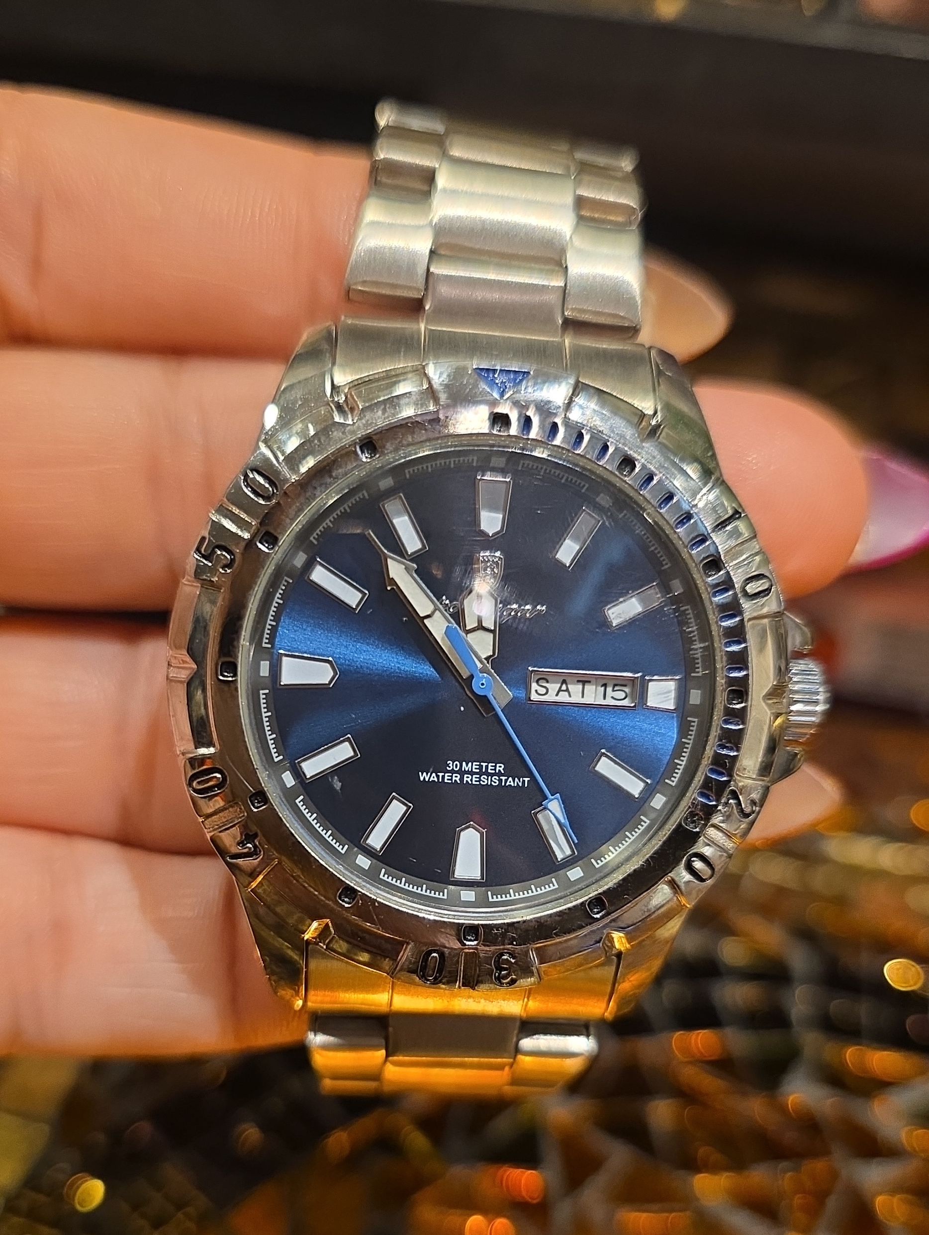 Mens Stainless Steel Watch With Blue Dial And DayDate